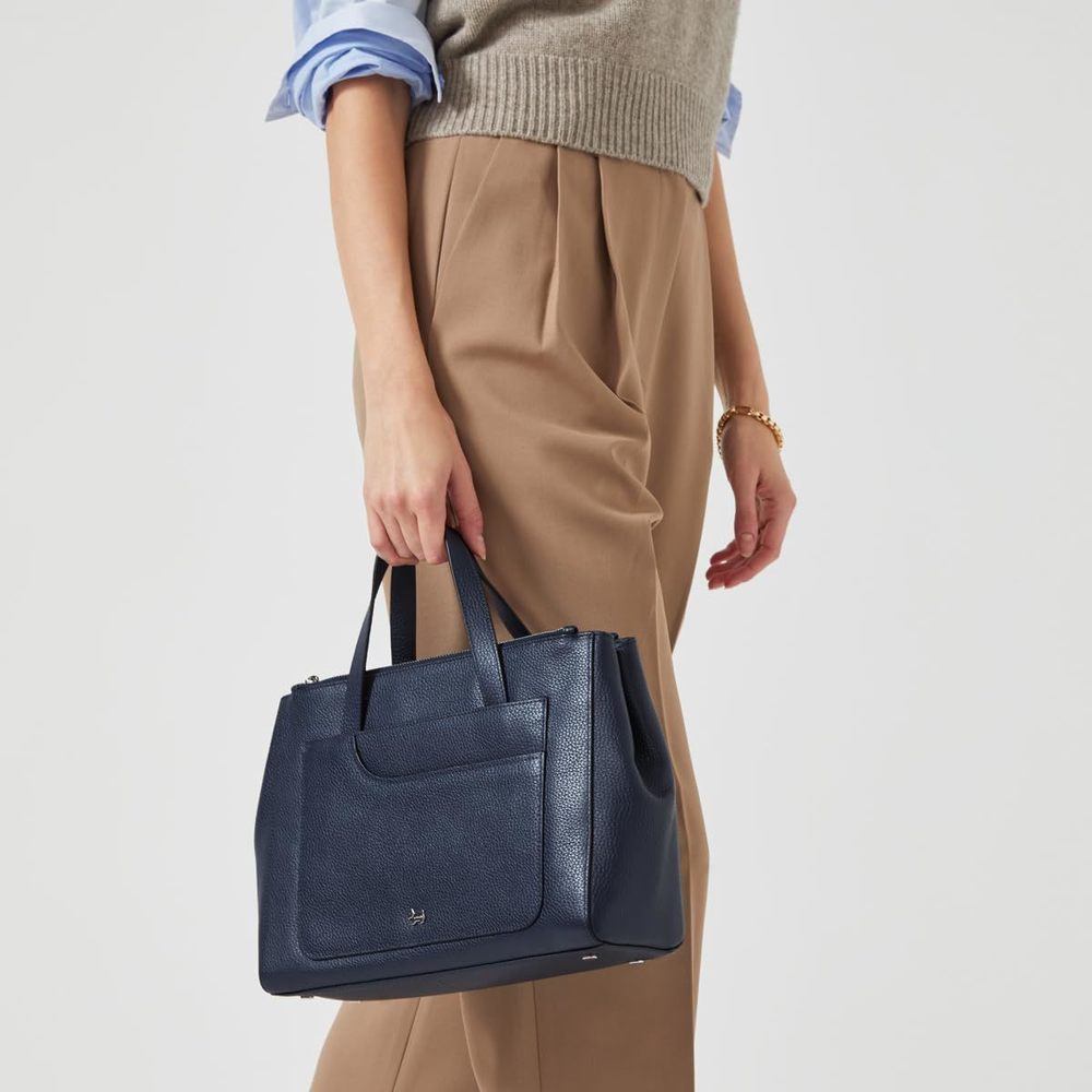 London Pockets Soft Medium Leather Ziptop Satchel Bag, Ink -_- - Picture 7 of 7